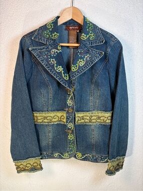 Chagall Embellished Jean Jacket Blazer Women Sz M Artsy Boho Festival Statement